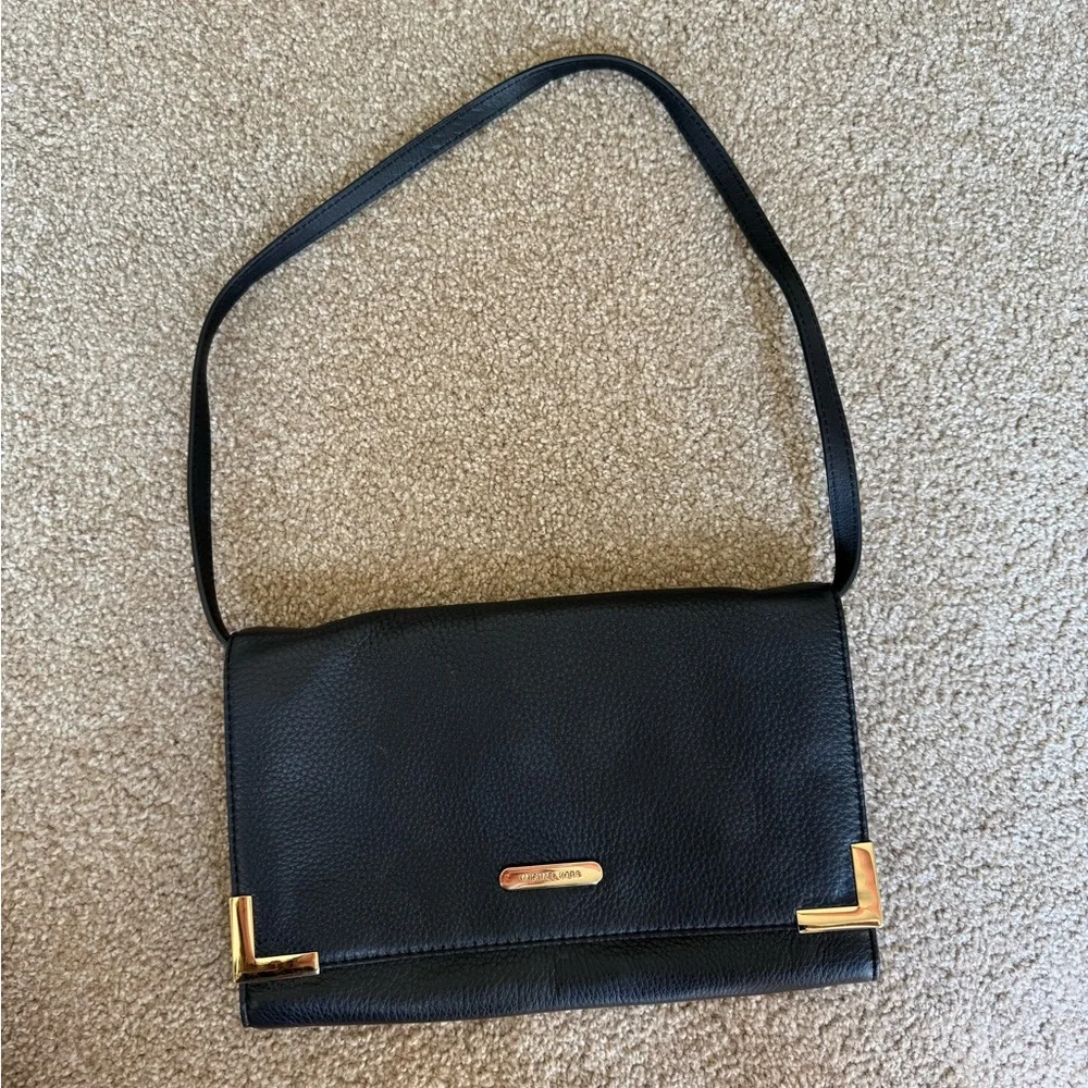 Michael Kors BEVERLY Convertible Black Leather Shoulder Bag with Gold Accents